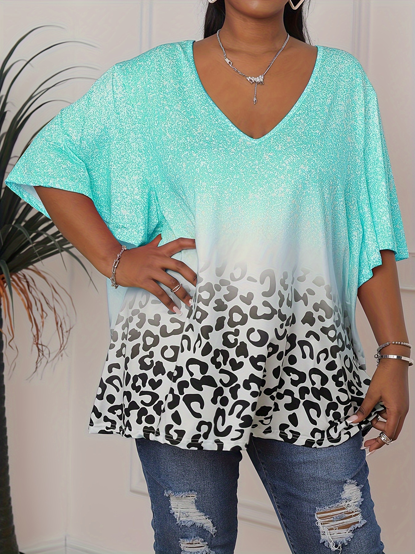 plus size casual top womens plus ombre floral glitter print short sleeve v neck slight stretch top