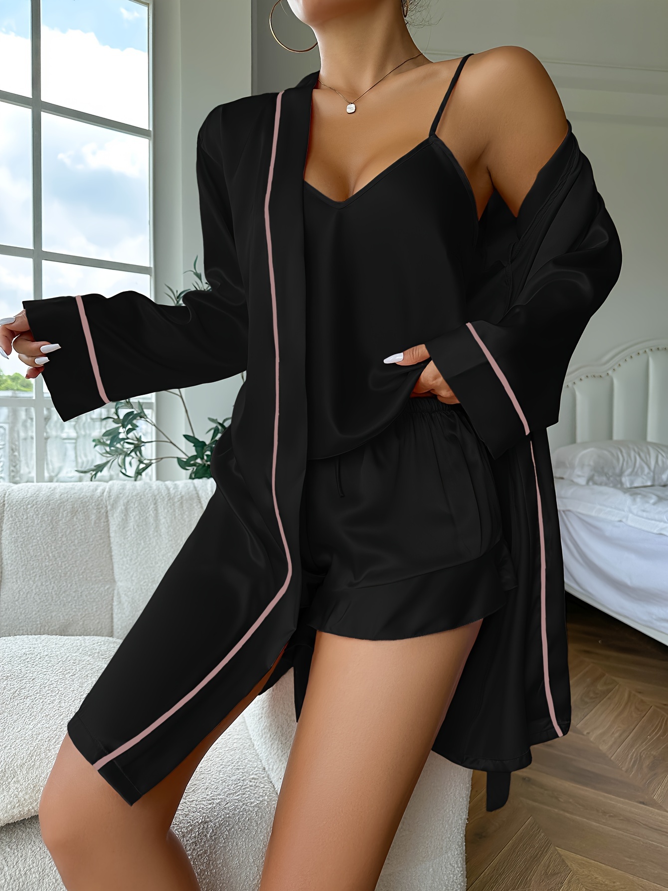Simple Satin Pajama Set, Long Sleeve Robe With Belt & V Neck Cami Top &  Shorts, Women's Sleepwear & Loungewear