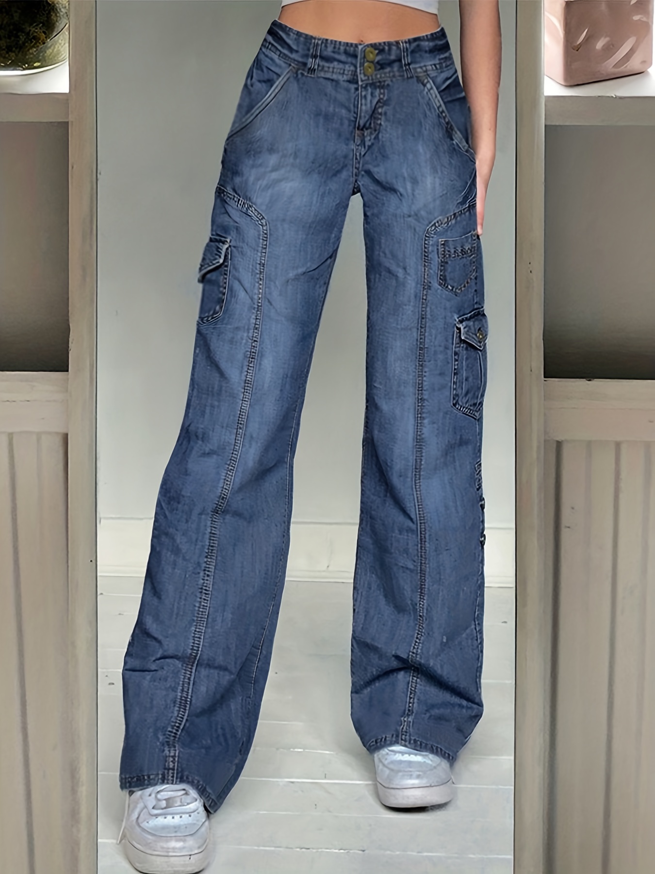 Wide Legs Baggy Cargo Pants Flap Pockets Girl's Y2k Style - Temu Germany
