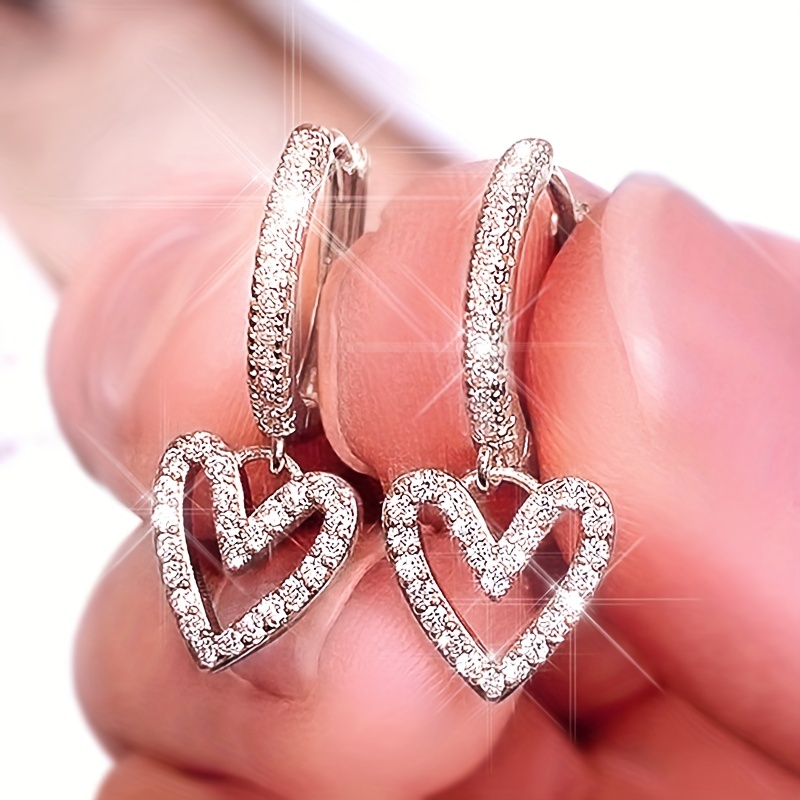 Silver Love Heart Hollow Heart Earrings Crystal Rhinestone Long Drop  Earrings 