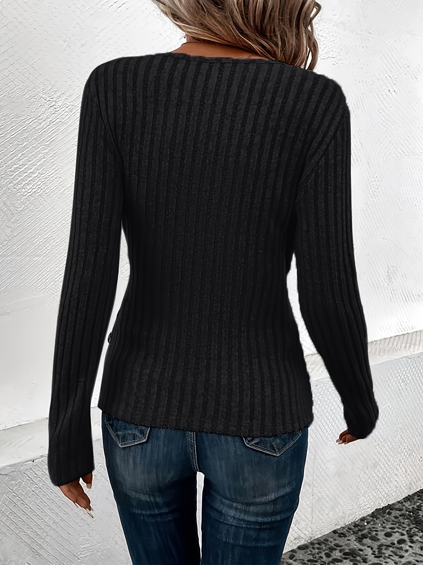 V-Neck Ribbed Long Sleeve Top Black