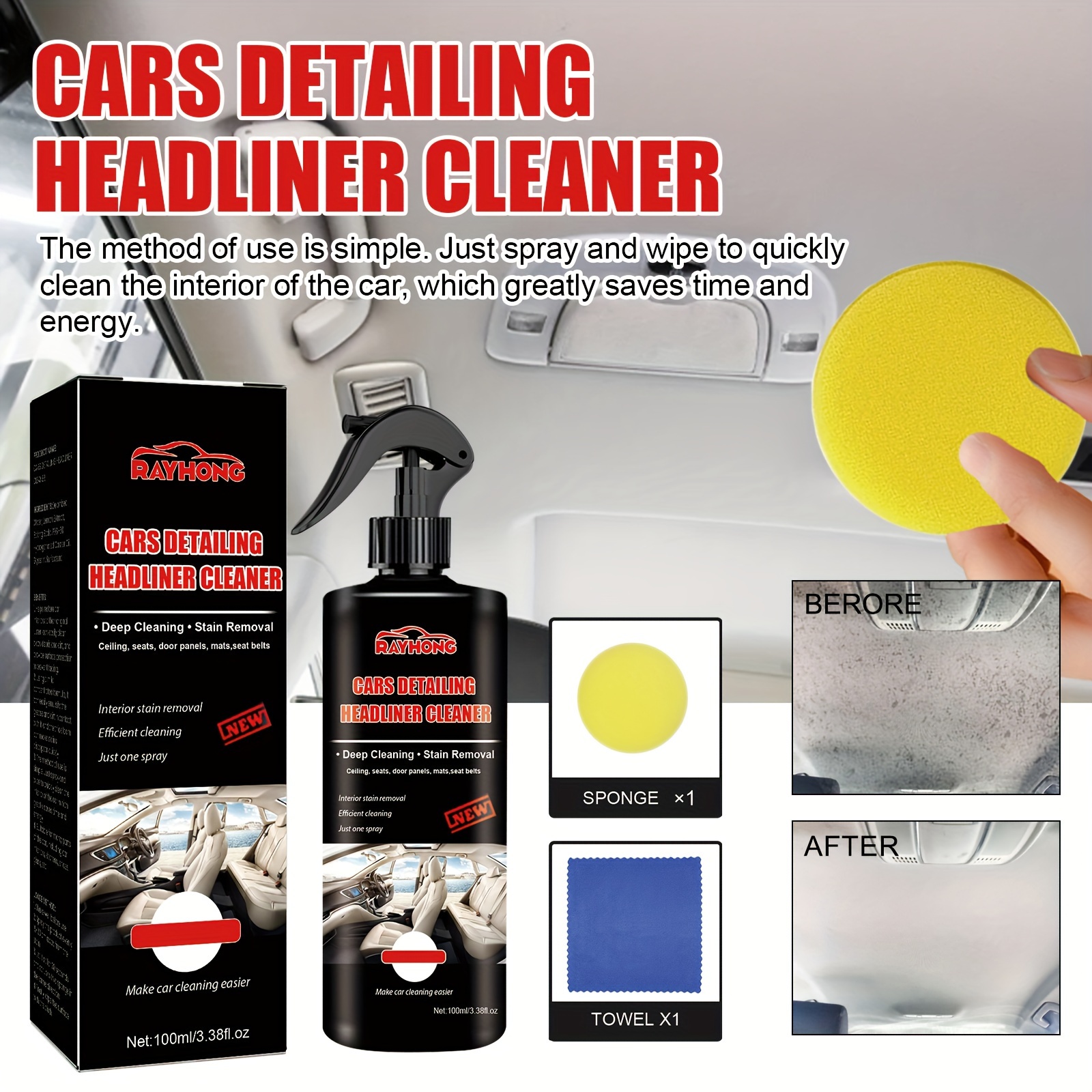 Agente de limpieza para interiores del coche, detergente fuerte para telas  de franelas, multiusos automotriz interior de tela en aerosol, kit