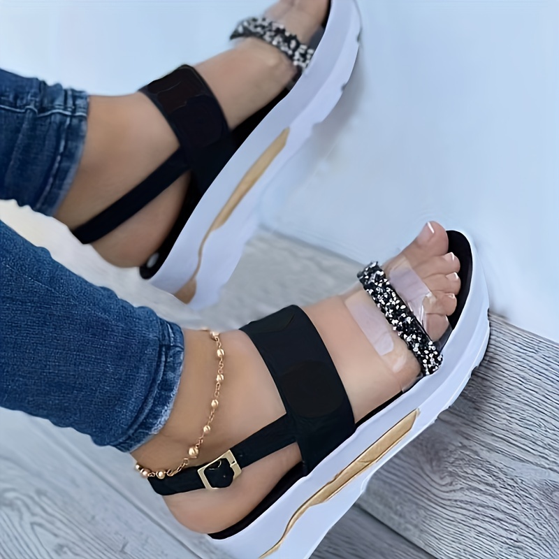 

Women's Rhinestone Decor Fashion Sandals, Open Toe Thick Soled Platform Sneakers, Buckle Adjustable Casual Sandals