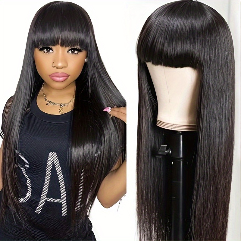 

Zealady Straight Human Hair Wig With Bangs For Women - 150% Density, Glueless Machine-made Brazilian ,