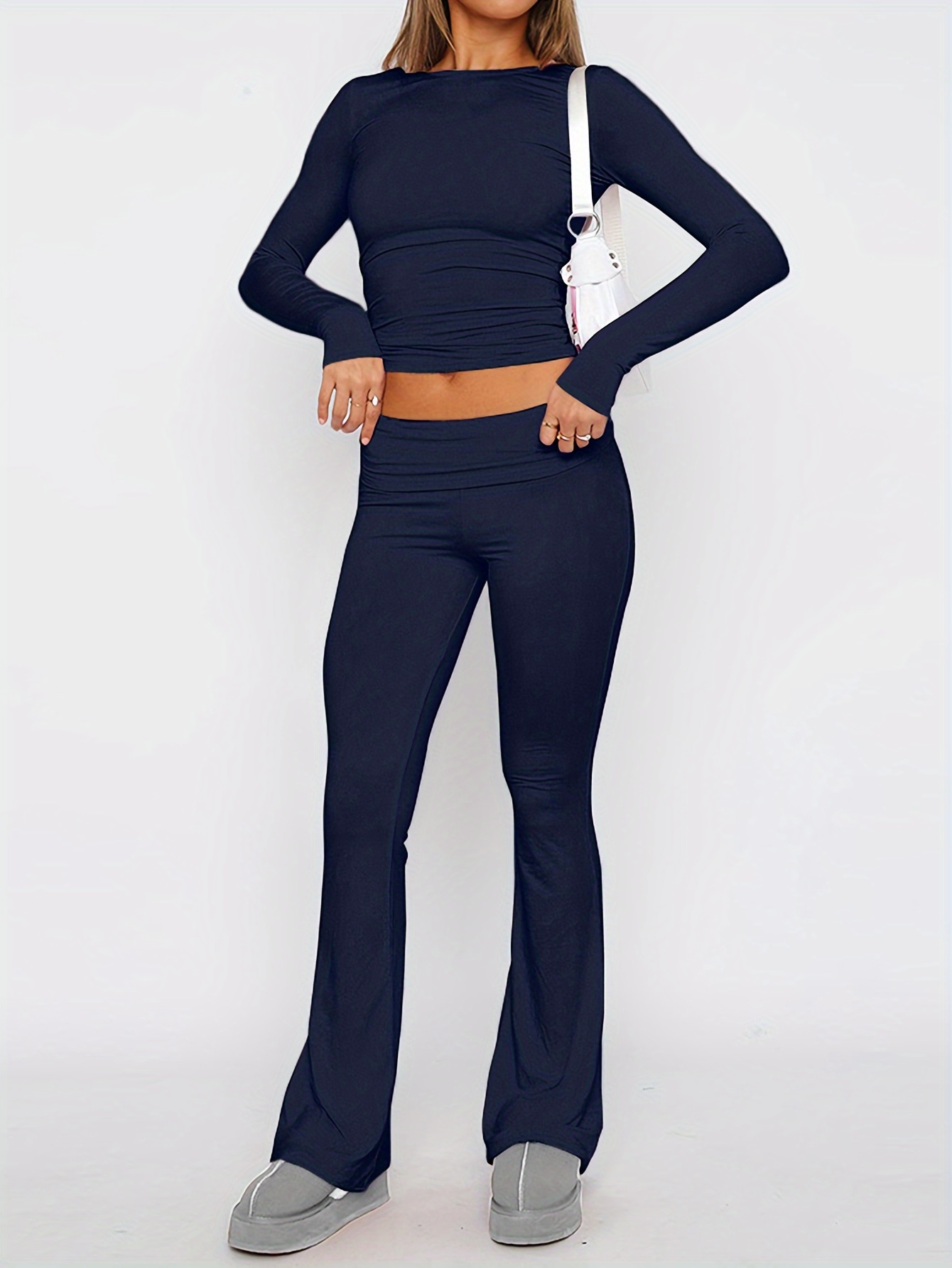 Cotton Lounge Set Cotton Jersey Lounge Set Basic Long Sleeve Crop Top and  Low Rise Flare Pants Set Lounge for Women 2 Piece : : Clothing