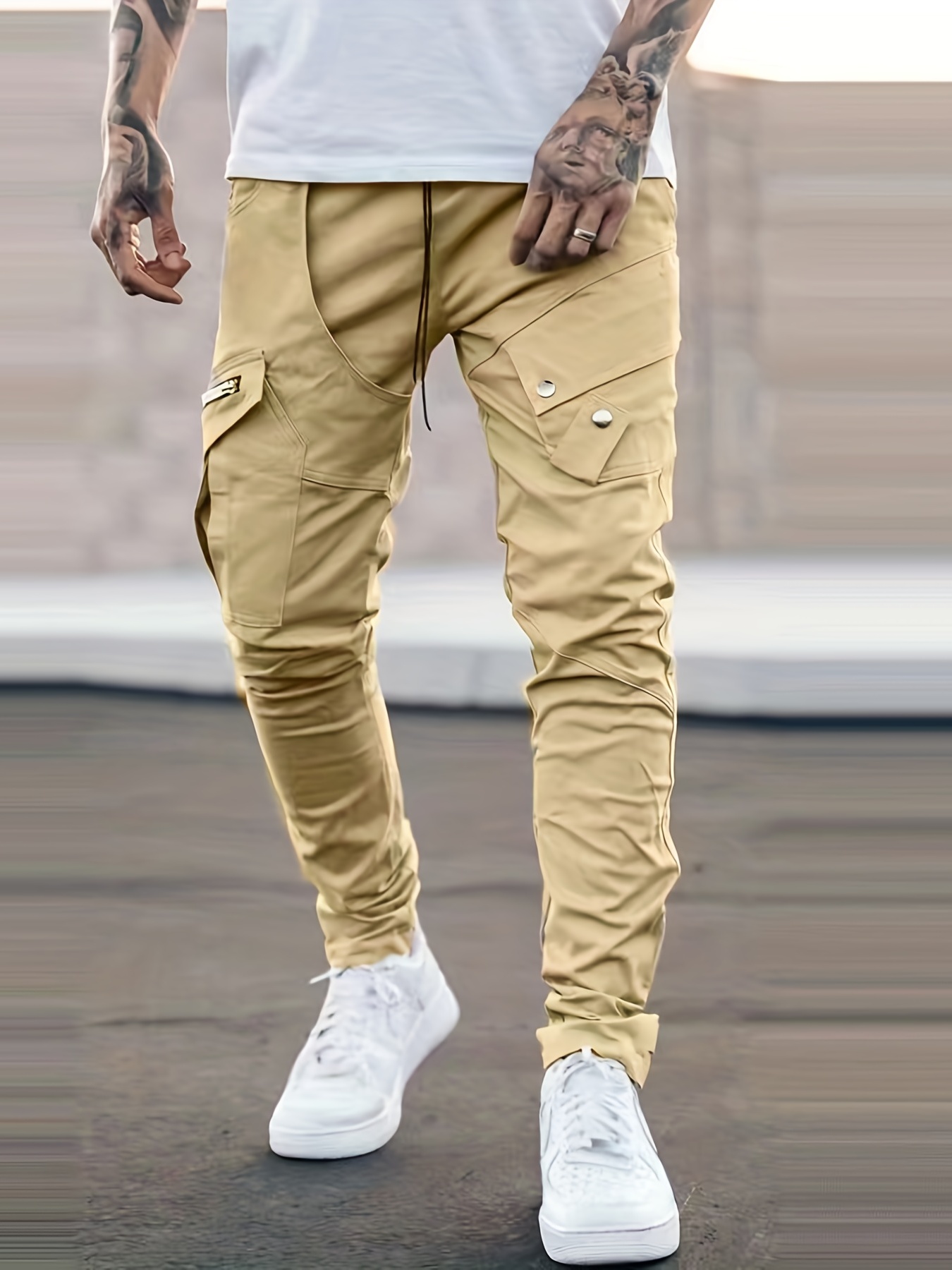 Cameland Men's Cargo Trousers Solid Color Zipper Work Wear Cargo Pockets  Full Pants Casual Stylish Wearing