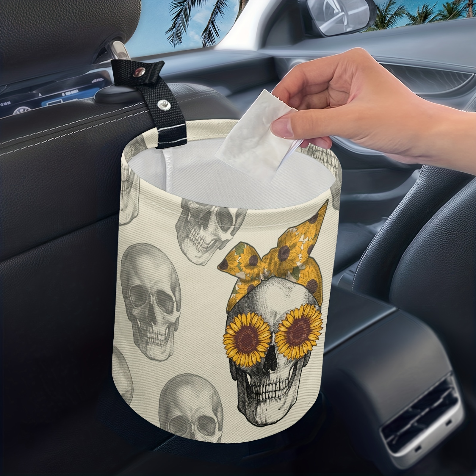 1pc Waterproof Trash Bag For Cars, Sunflower Skull Printed Hanging &  Portable Car Trash Can With Adjustable Straps Universal Fit Truck, SUV,  Sedan