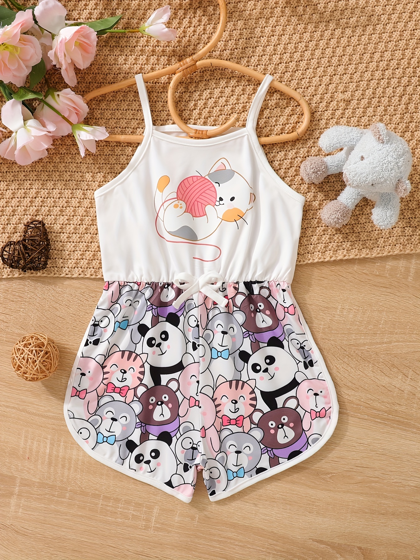 Toddler Girls Cat Graphic Bow Front Cami Romper Summer Clothes