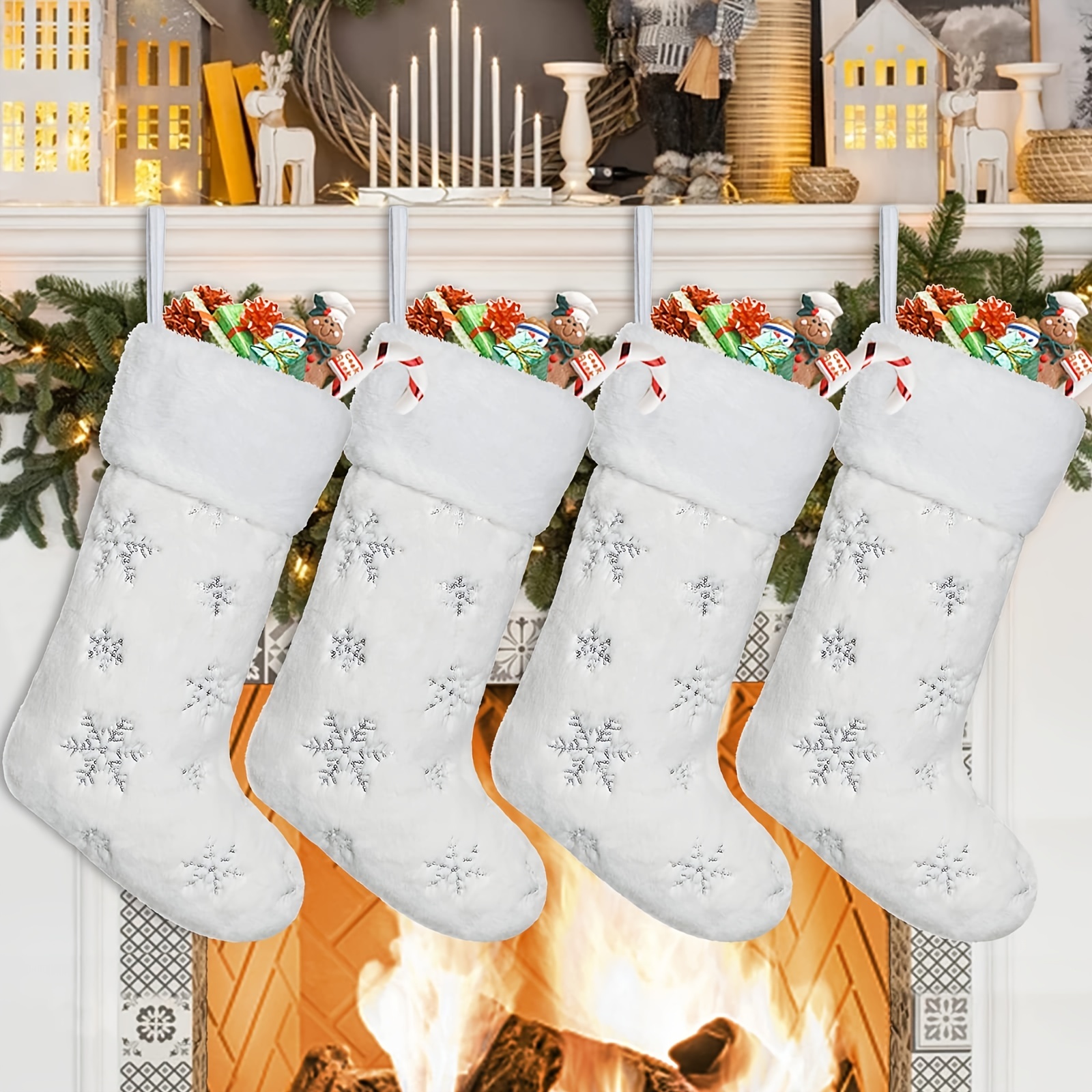 

4pcs, Christmas Stockings, 20 Inch Cream White Faux Fur Xmas Stockings With Silver Sequin Snowflakes Super Soft Thick Plush Xmas Stockings For Christmas Decoration Holiday Decor