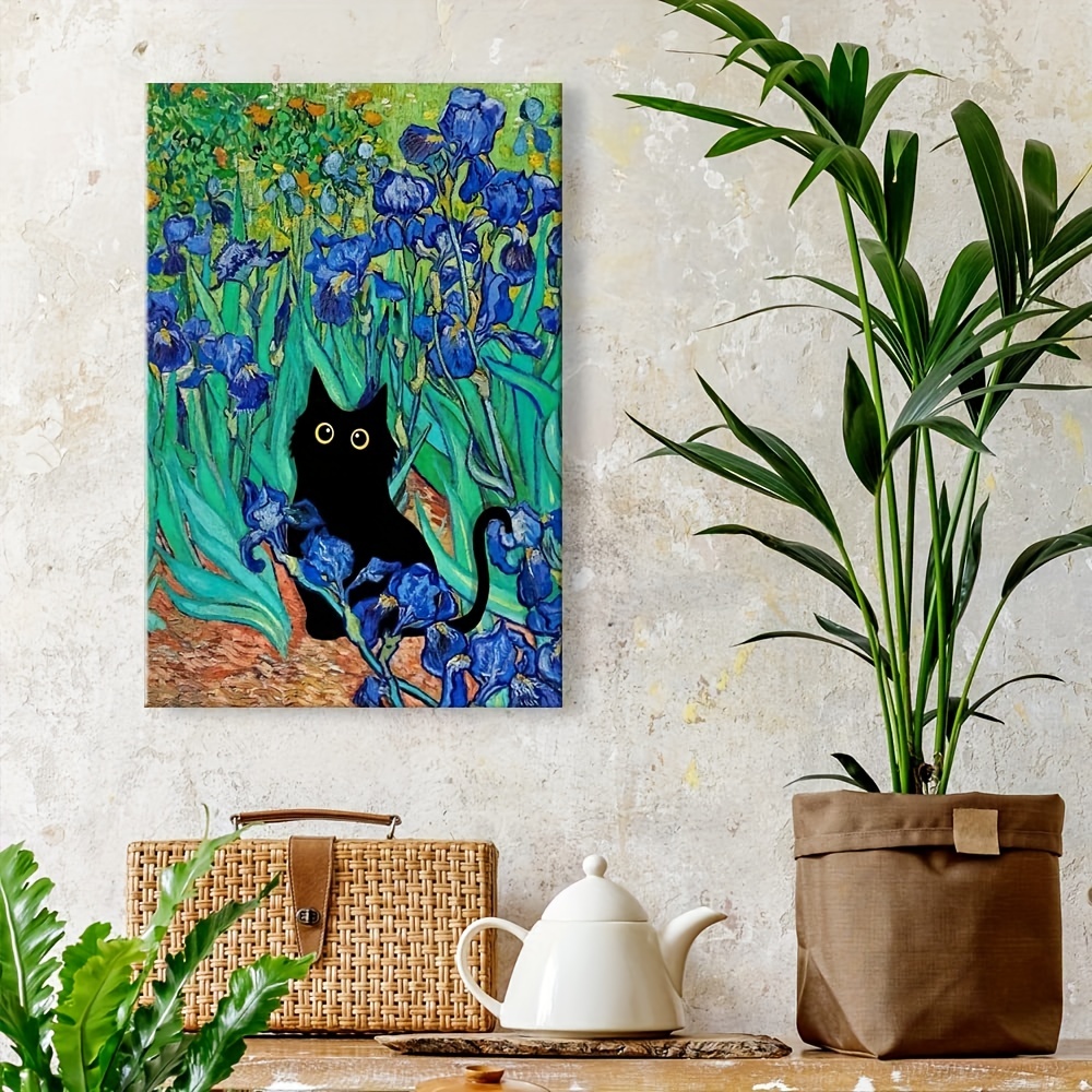 1 pezzo di arte da parete su tela con iris di Van Gogh - Famosi dipinti ad  olio, poster di fiori da giardino con gatto nero, stampa floreale di gatti