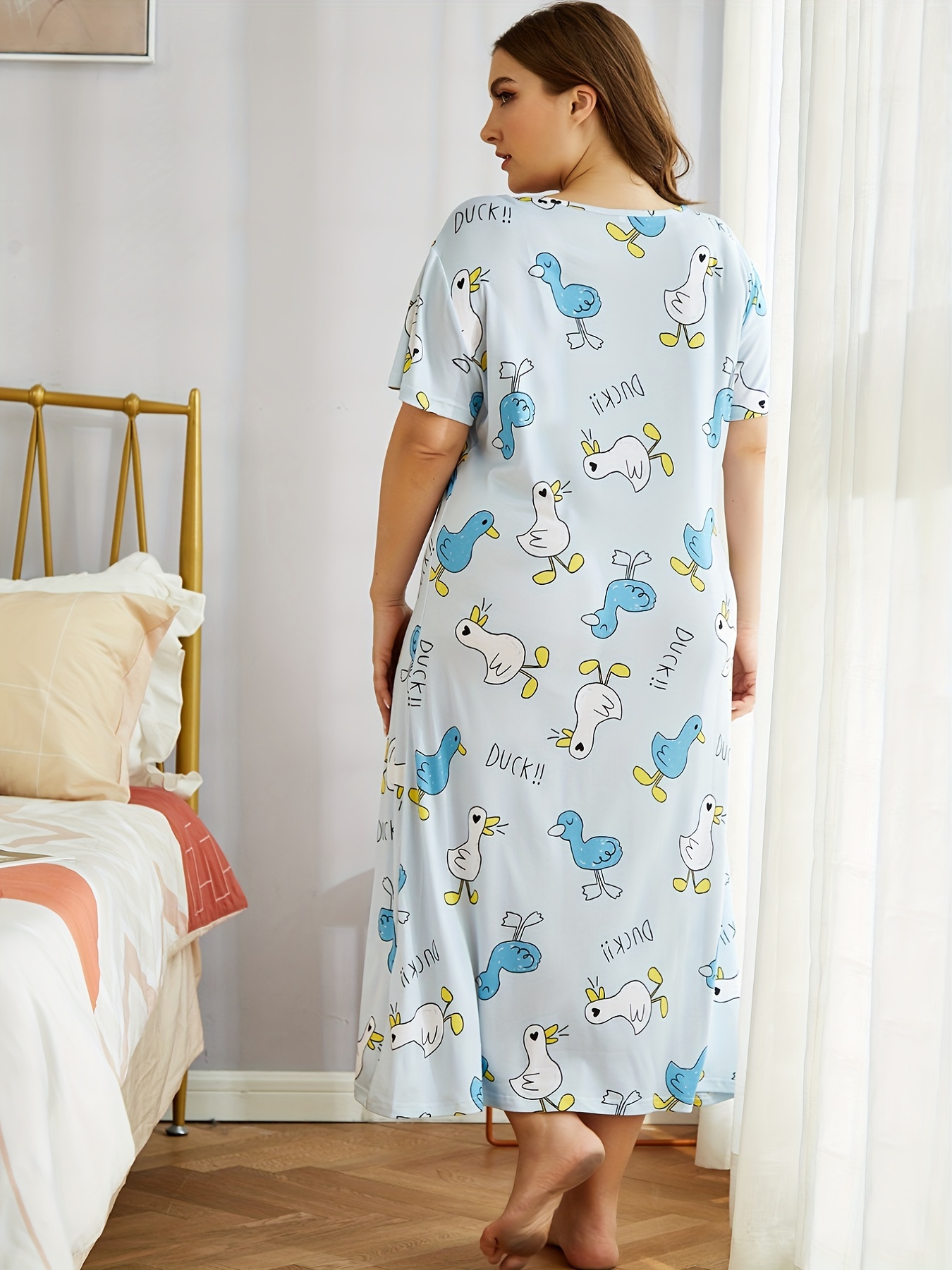 Duck Print Short Sleeve Round Neck Sleep Dress