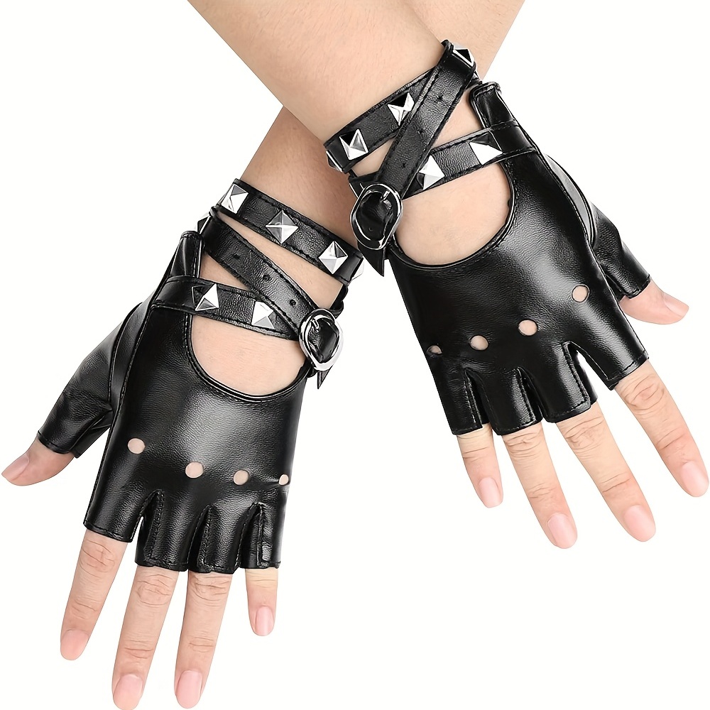 Women Stars Leather Gloves Punk Rock Wing Skull Fingerless Gloves With  Bracelet