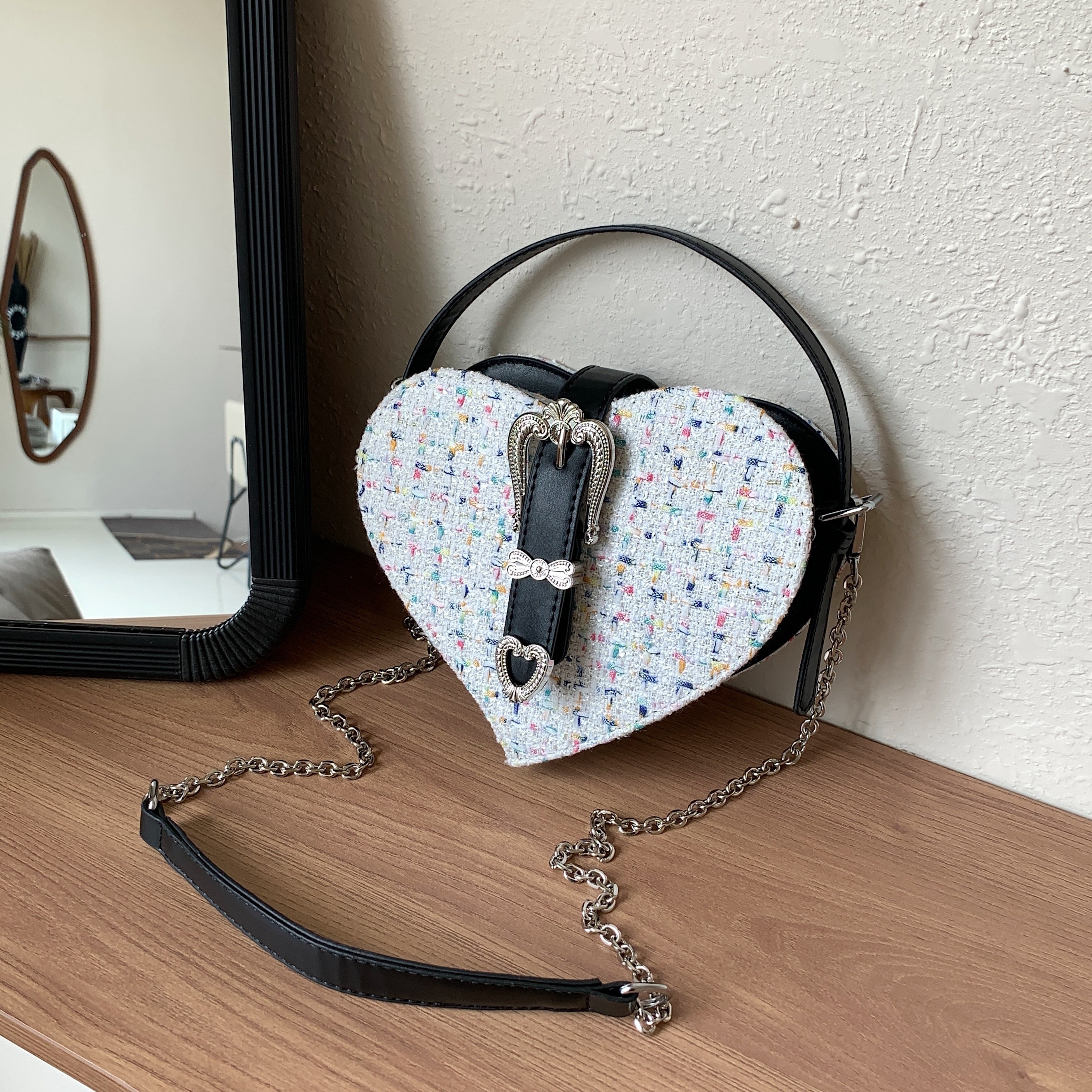 Cute Heart Shaped Texture Small Bag, Top Handle Fancy Tweed