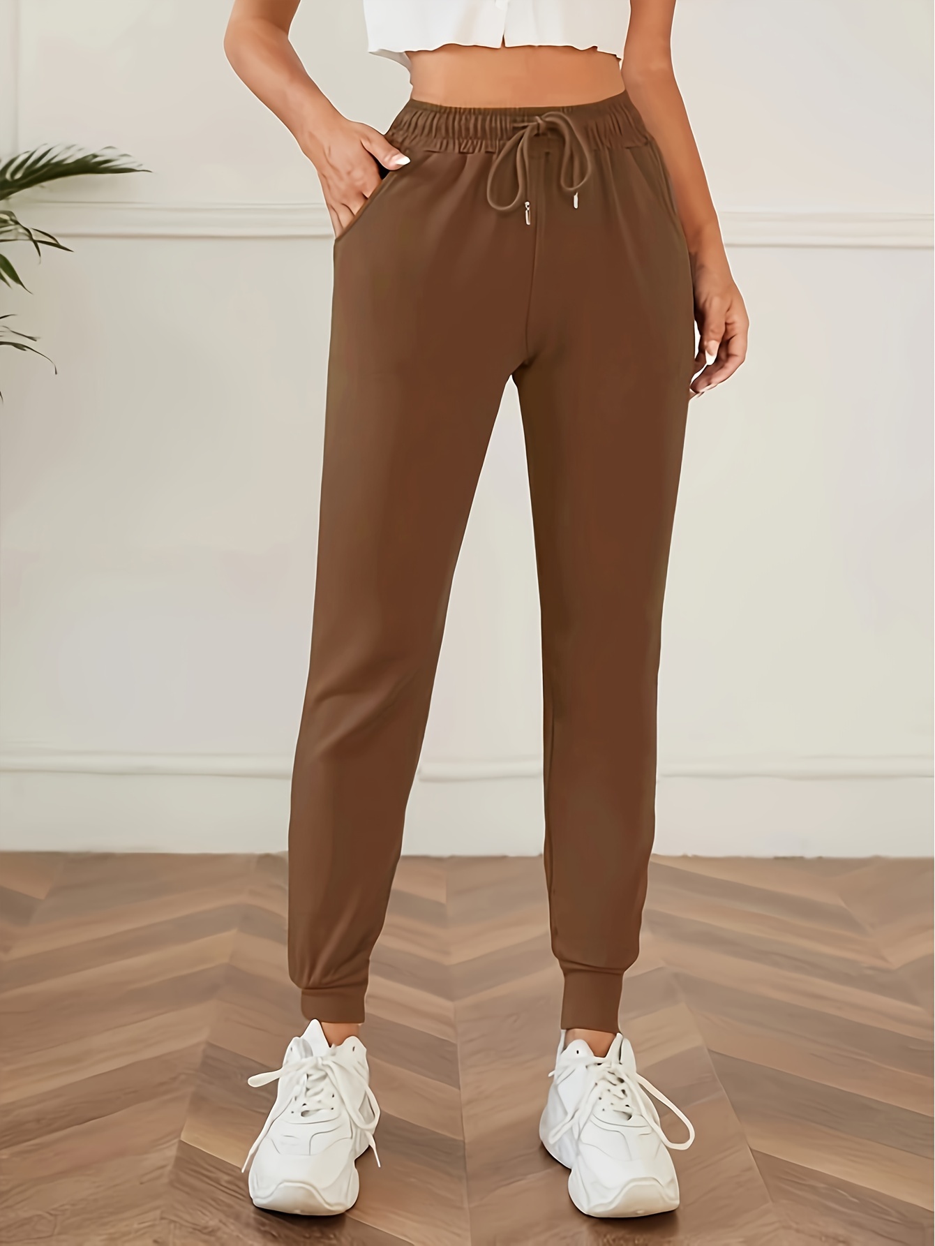 Solid Drawstring Waist Jogger Pants, Casual Slant Pocket Sporty Pants,  Women's Clothing