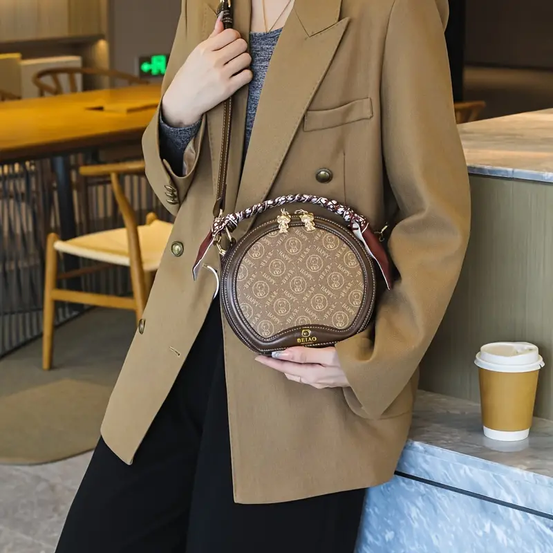 mini bear pattern round handbag fashion scarf decor crossbody bag womens faux leather purse 4 72 7 09 3 94 inch details 4