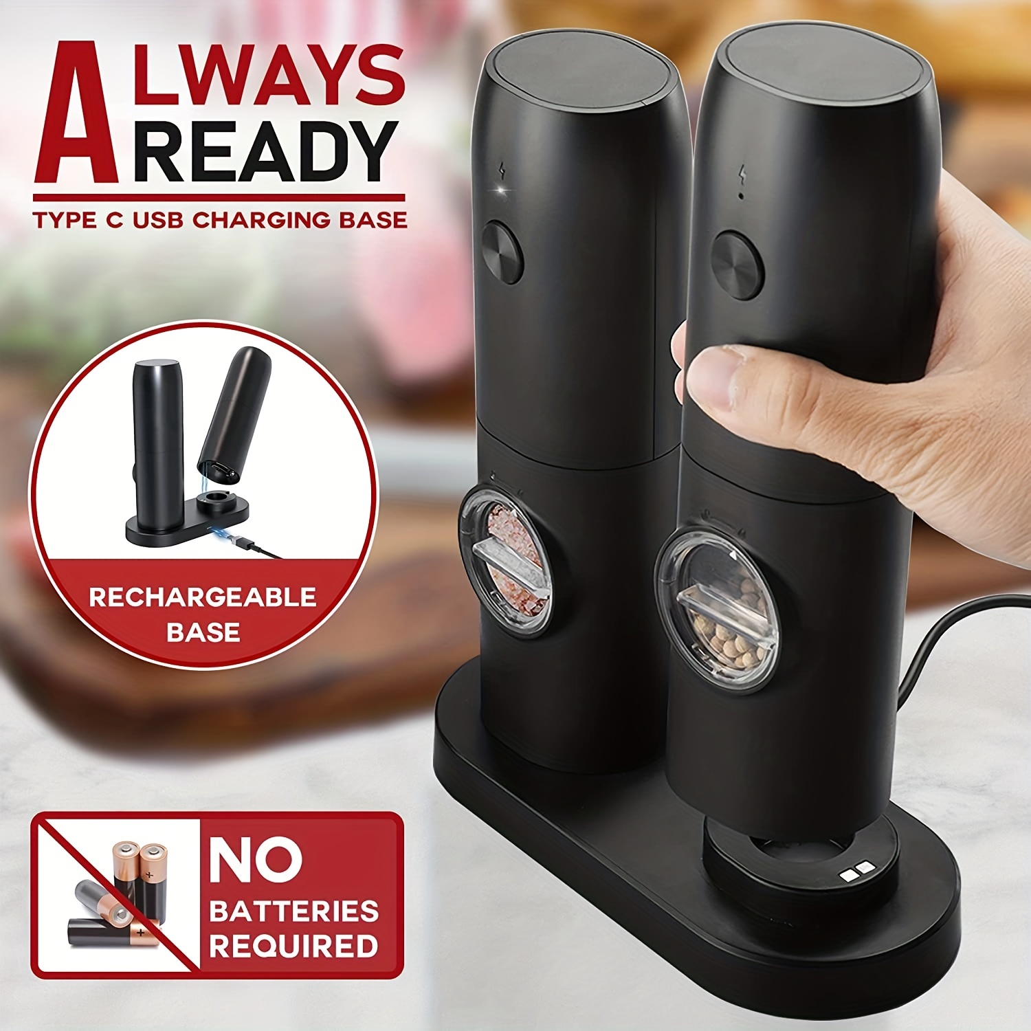 Electric Salt and Pepper Grinder Set with USB Rechargeable - No Battery  Needed 