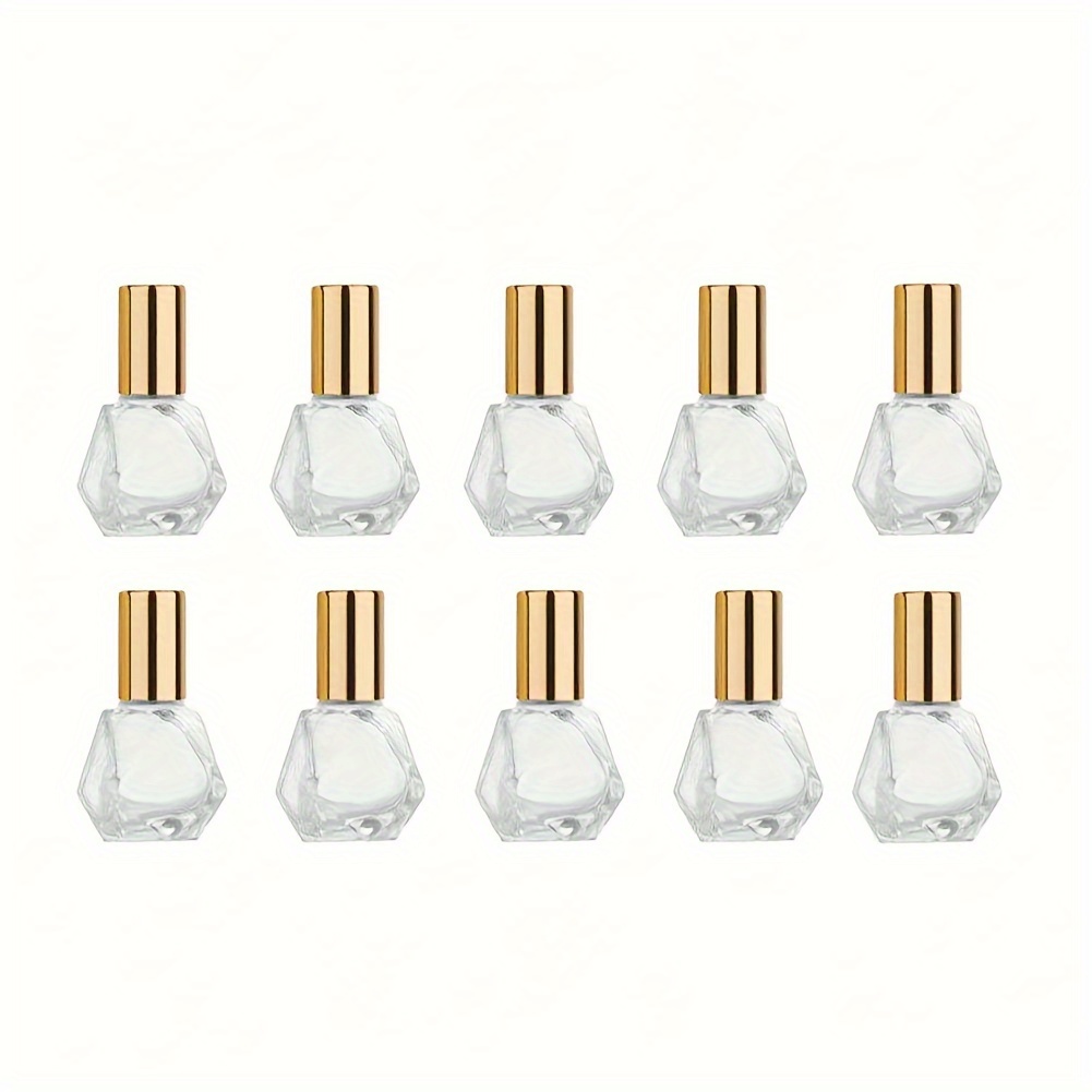 

10 pièces Mini bouteille à roulettes en verre transparent polygonal portable, 8 ml/0,27 oz bouteille à rouler d'huile essentielle de voyage bricolage avec bouchon doré à bille en acier inoxydable