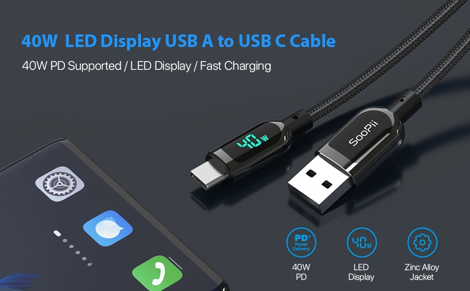 SooPii 40W 3.1A Type C Cable LED Display USB C Cable Fast Charging For  Smart Phones MacBook Type-C Charging Cable