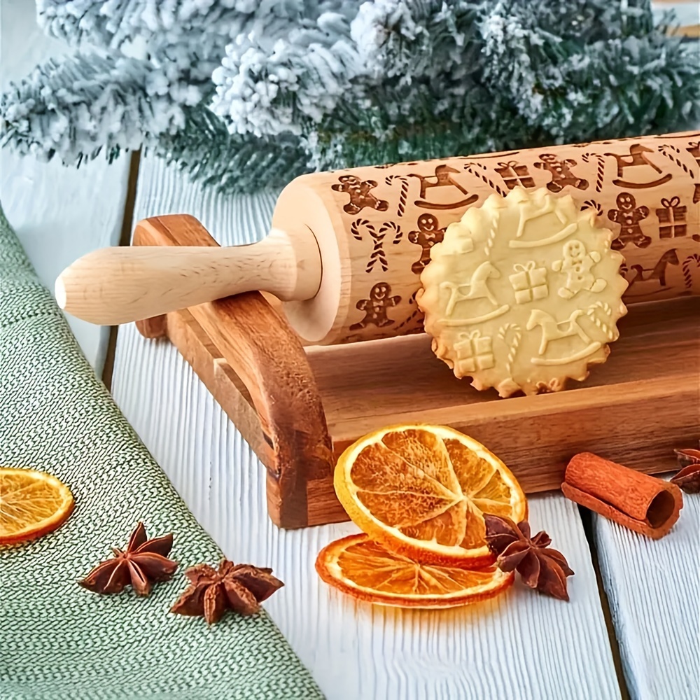 Wooden Embossed Rolling Pin With Christmas Round Seal Deep - Temu