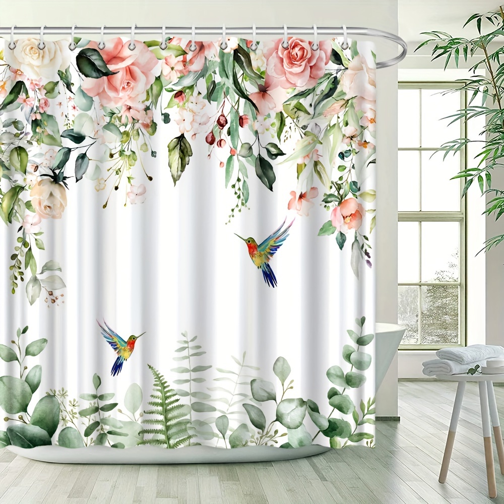 1pc Floral Bird Leaf Pattern Shower Curtain, Waterproof Bathroom Curtain  With 12 Hooks, Decorative Bathroom Partition, Bathroom Accessories,  70.8x70.