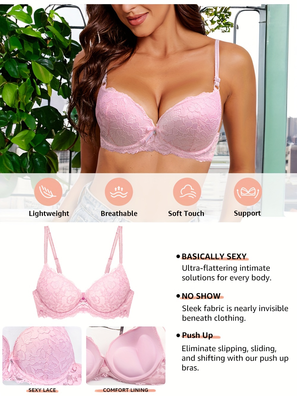 Simple Solid Floral Lace Bra Comfy Breathable Bow Knot Push - Temu