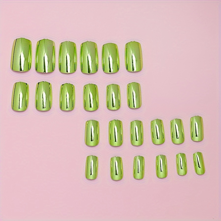 shiny punk style metallic green color press on nails chrome fake nails metal plating acrylic medium square reflective mirror green nail art tips 24pcs details 1