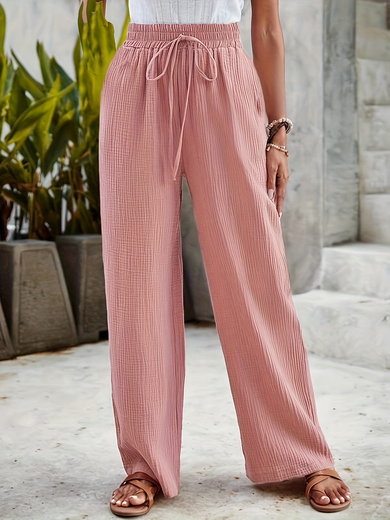 Striped Drawstring Wide Leg Pants Casual Pocket Loose Pants - Temu