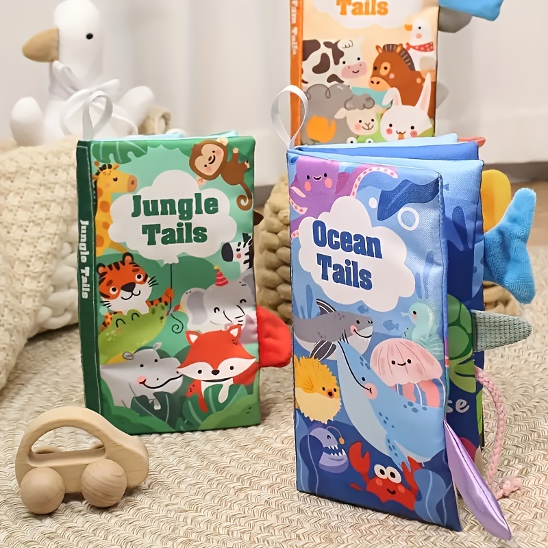 Livres souples pour bébé, Livre Sensoriel en Tissu avec Motifs Animaux,  Tail Cloth Book Livre Jouets éducatifs Activités Montessori pour Bébés de 0  à