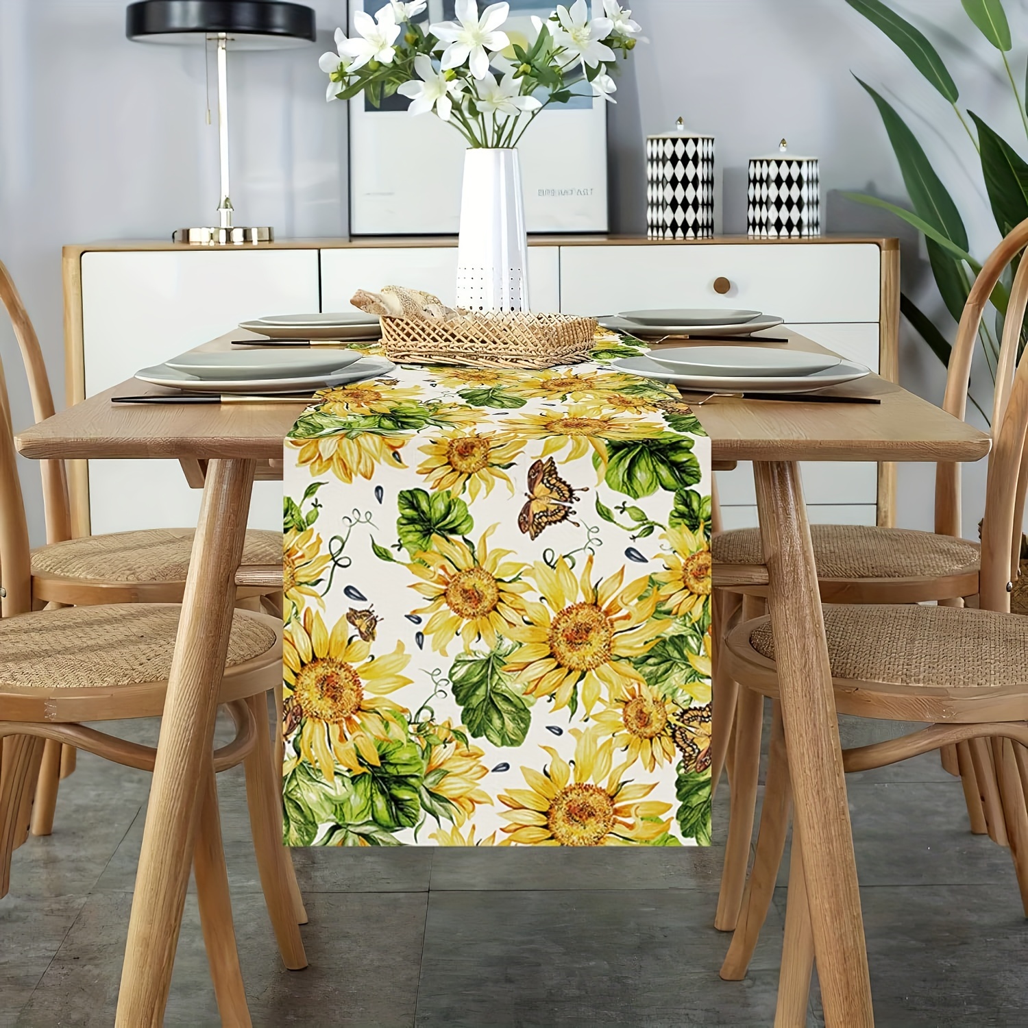 Dining Table Runner Retro Oil Painting Pattern Tablecloth Yellow And