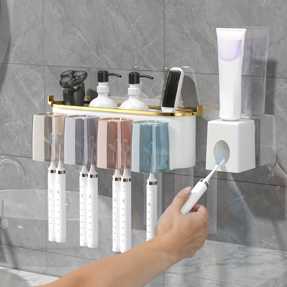 Wall Mounted Adhesive Toothbrush Mouthwash Cup Holder Punch Free Wall  Hanging Rack Tooth Brush Dispenser Bathroom