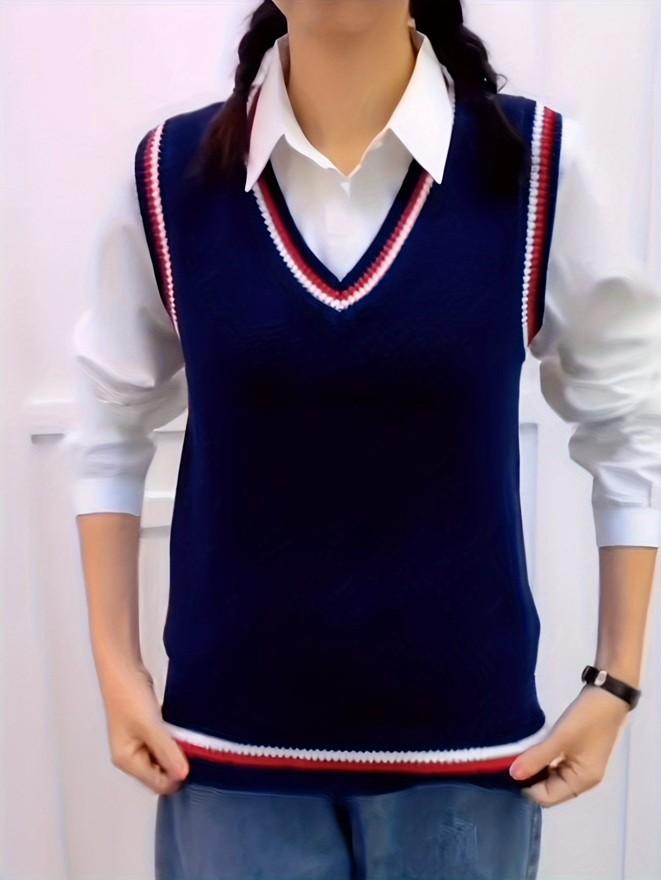 ERTUTUYI Women's Preppy Style Knitwear Tank Top Sleeveless V-Neck Vintage Sweater  Vest Hot Pink XXL 