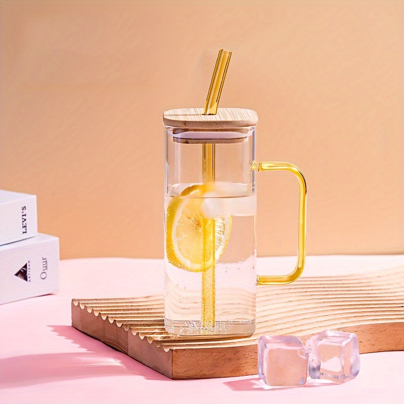 Glass Mug with Lid and Straw Iced Coffee Cup with Handle Square Drinking  Glasses Tumbler Cups for Smoothie Juice (Yellow)