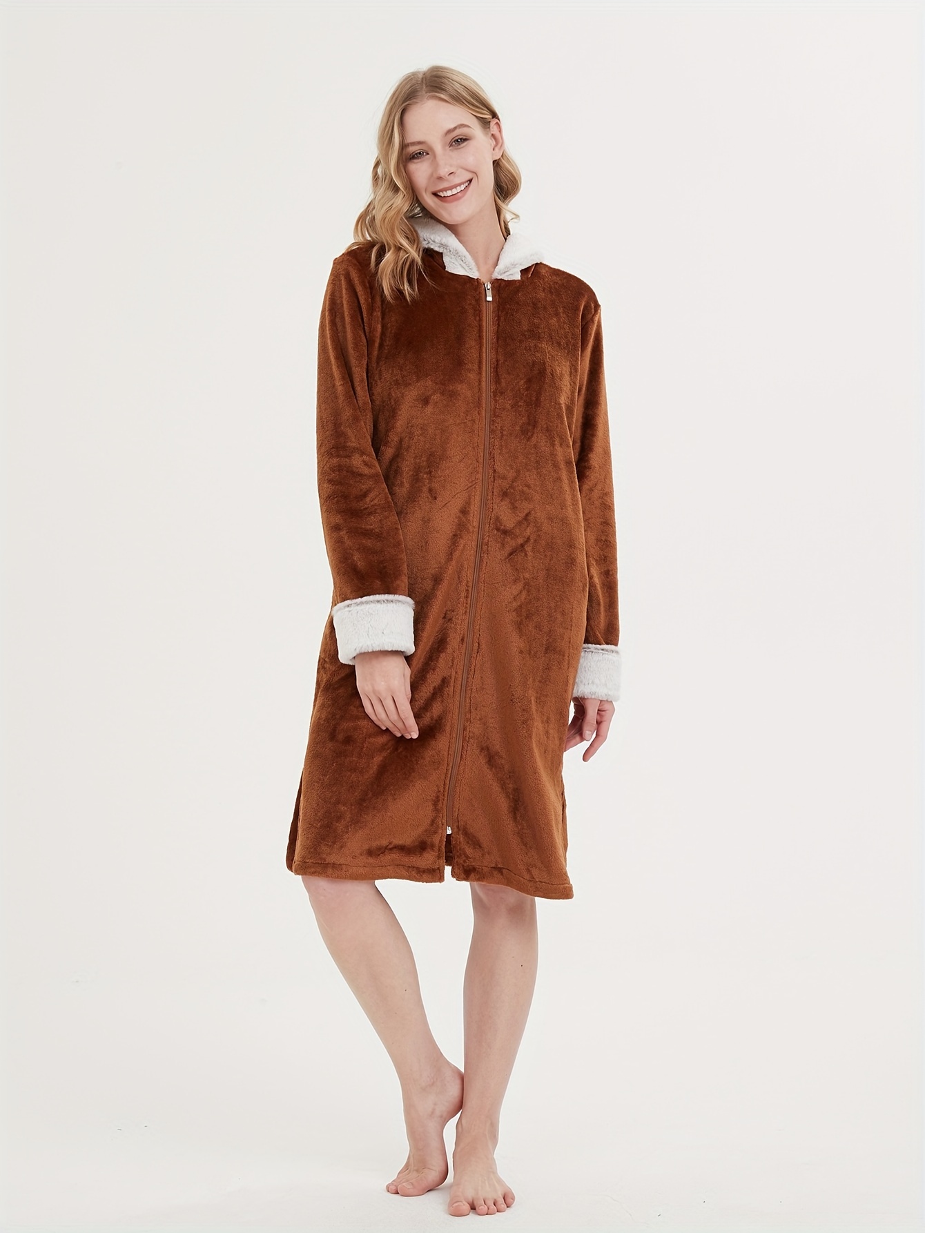 Fleece Thickened Lounge Robe Fur Trim Long Sleeve Zipper Hooded Robe With Pockets Women s Loungewear Dresses