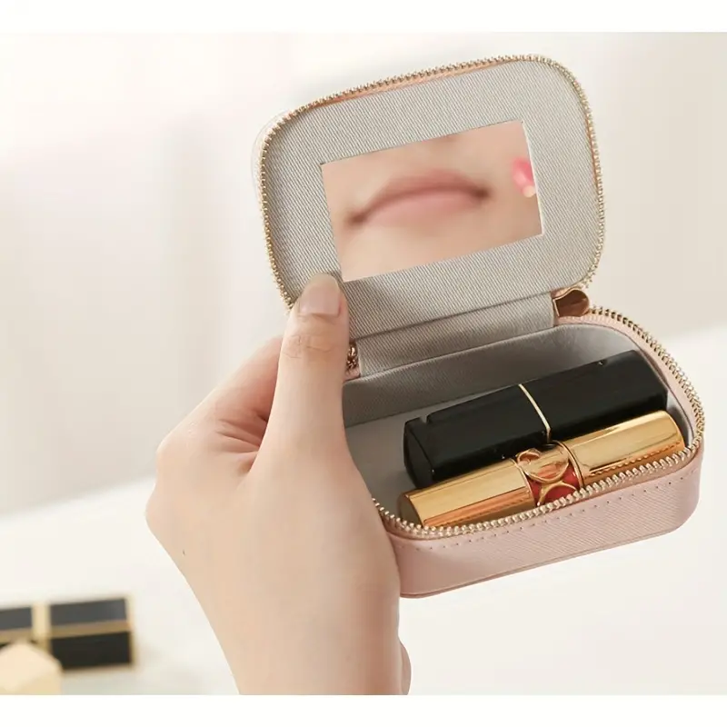 Cosmetic Makeup Caddy Mini Lipstick Bag For Purse With Mirror Pu