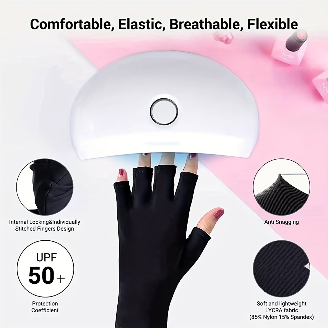 UV Gloves for Nails,𝐔𝐏𝐅𝟓𝟎+ UV Protection Gloves for  Manicures,Fingerless Gloves for Protecting Hands from Nails UV Light(Black)