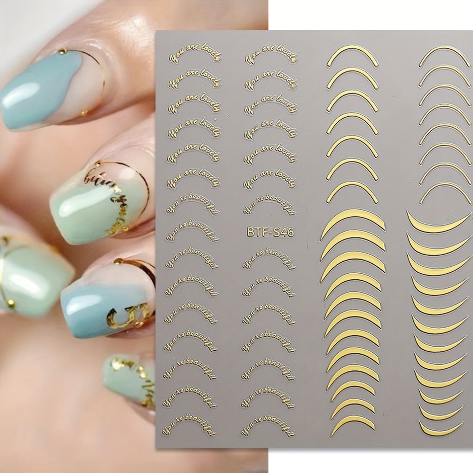 6 Sheet Gold French Fashion Line Nail Art Stickers Decals 3D Self-Adhesive  Nail Decals Gold Line Silver Line Nail Decorative Stickers Nails Art Design