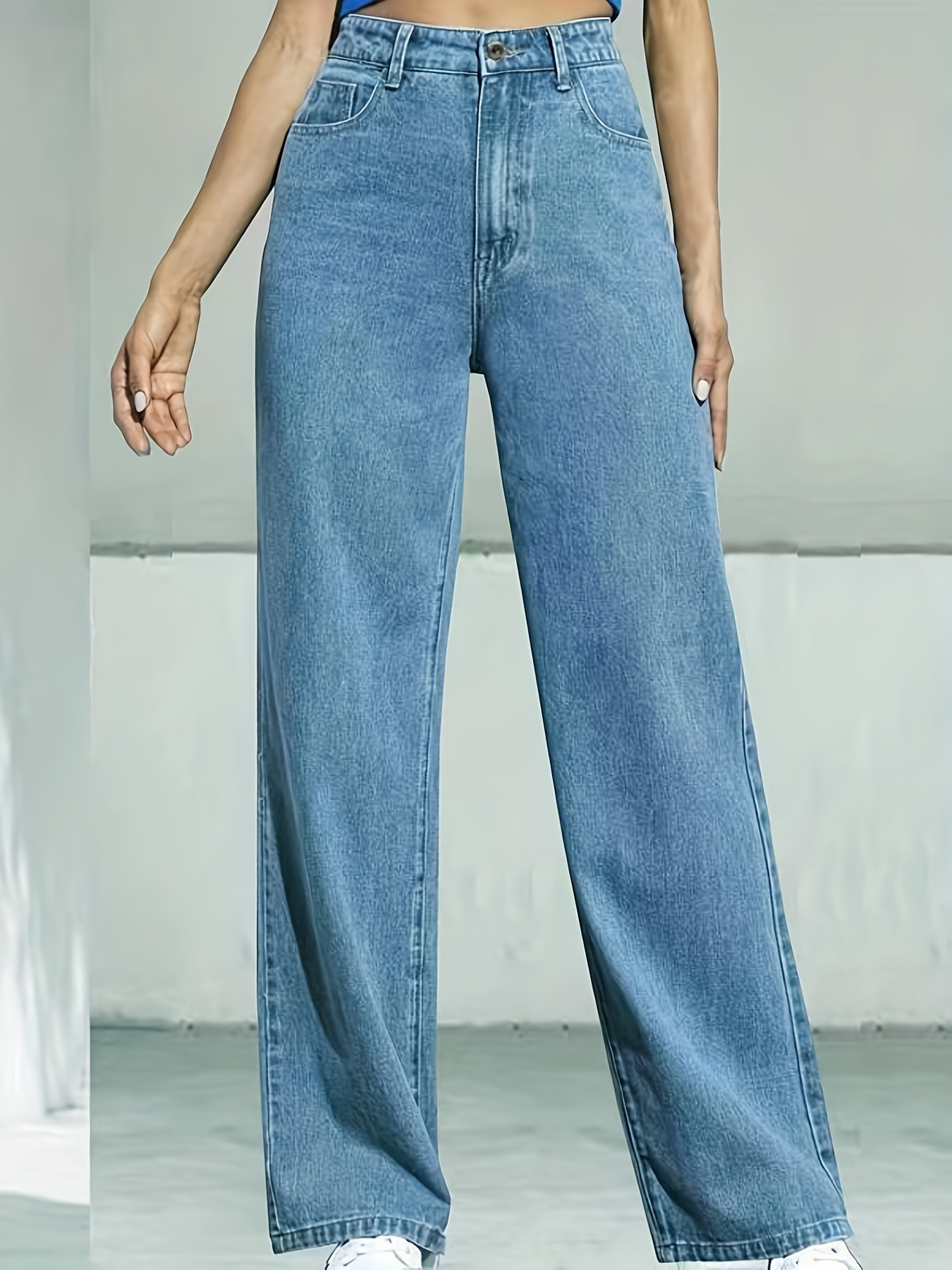 Light Blue Washed Long Length Denim Jeans Loose Fie Wide Leg High