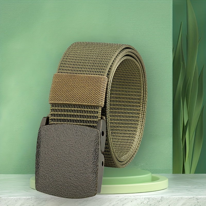 Khaki Military Nylon Canvas Belt, Men's Plastic Buckle Webbing Web Waist Belt,Temu