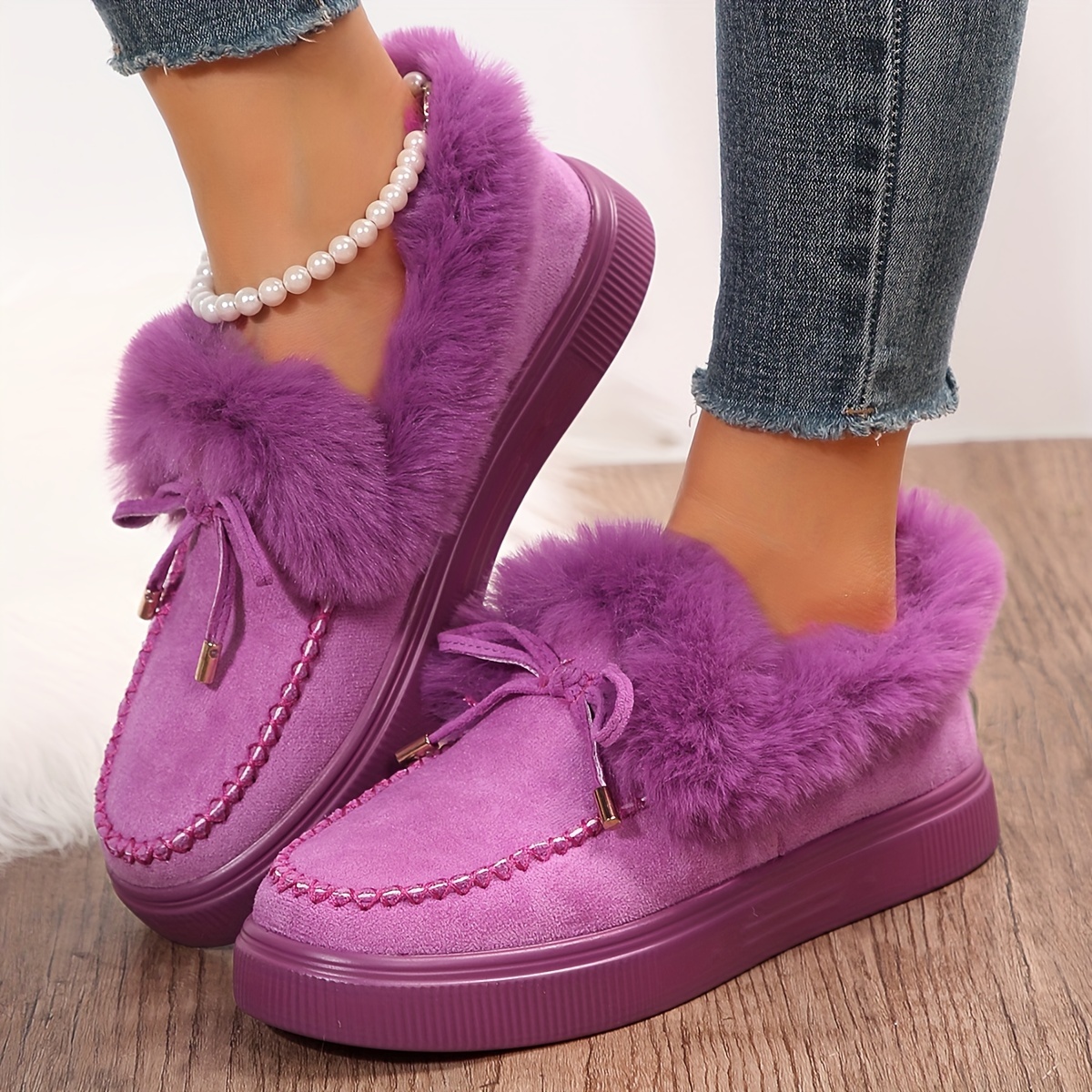 Women s Fluffy Fleece Lining Snow Boots Solid Color Bowknot Slip On Ankle Boots Cozy Winter Warm Flat Boots details 3