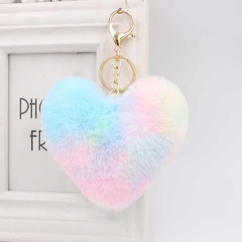 Love Heart Pompom Ball Keychains for Women Purse Bag Charm Pendant