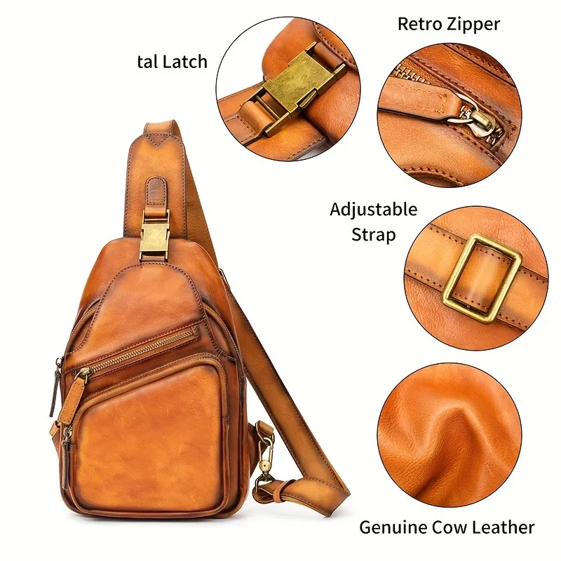 Genuine Leather Sling Bag Vintage Crossbody Hiking Shoulder Bag Sling Backpack Retro Cowhide Handmade Casual Daypack