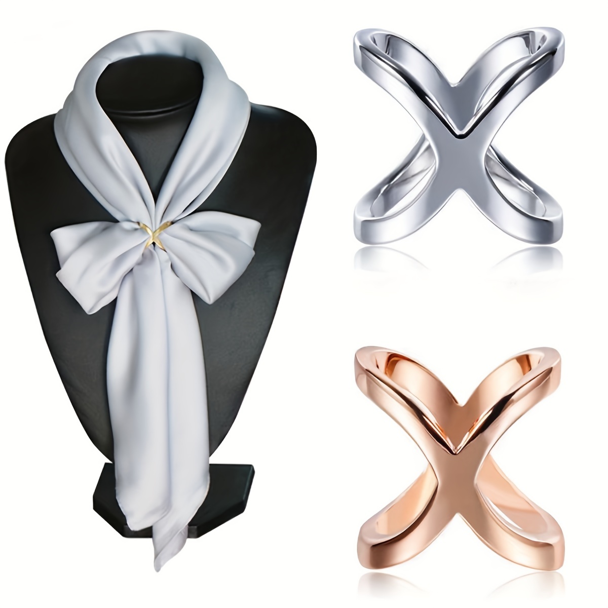 Women's Elegant X Shape Silk Scarf Clip Ring Scarves Buckle Holder for  Wedding Party (Silver)
