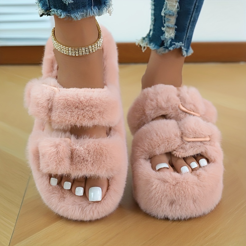 Fluffy Double Buckle Strap Platform Slippers Solid Color Temu