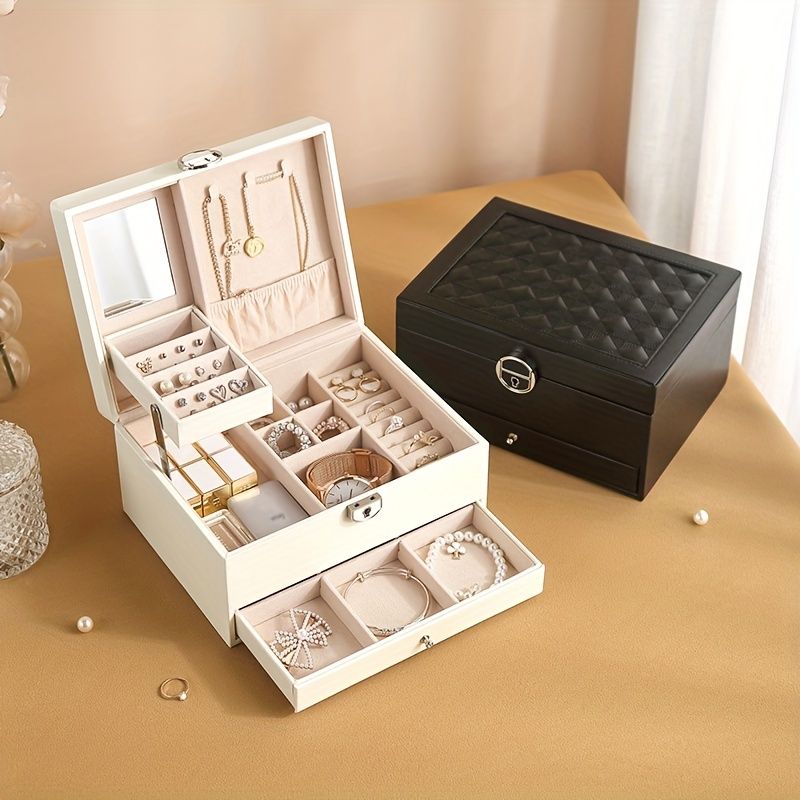 Flip Top Jewelry Box With Mirror, Automatic Lifting Disc Storage