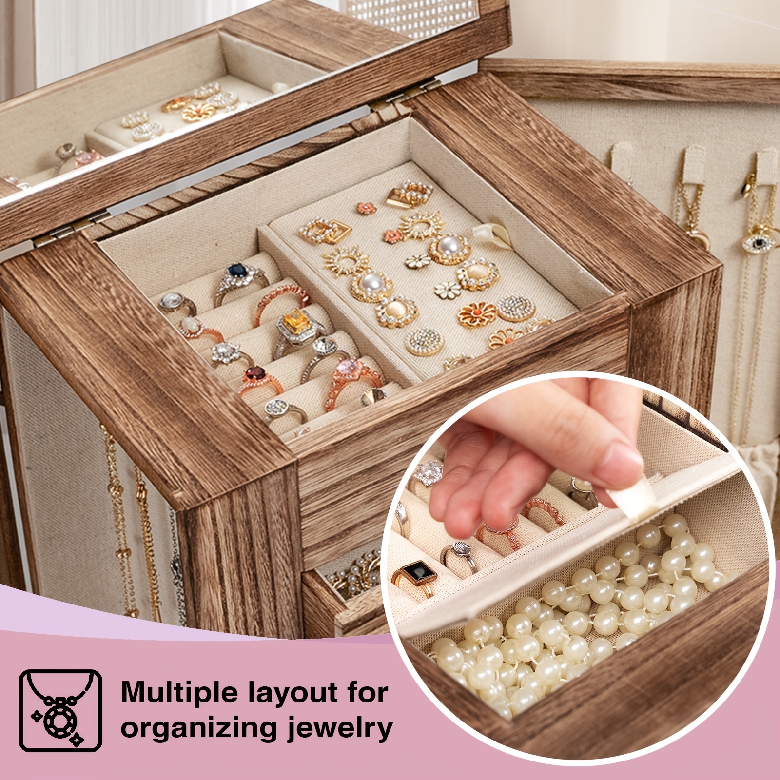 1pc Rustic 5-Layer Wood Jewelry Box with Mirror and Drawers for Women -  Organize Necklaces, Earrings, Rings, and Bracelets