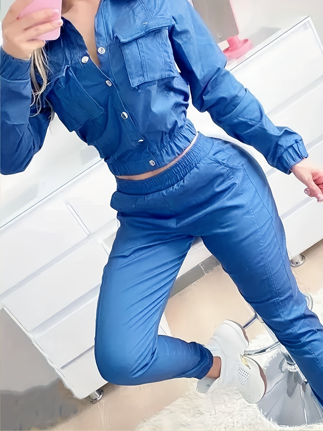 Casual Solid Two piece Set Button Front Pocket Long Sleeve - Temu