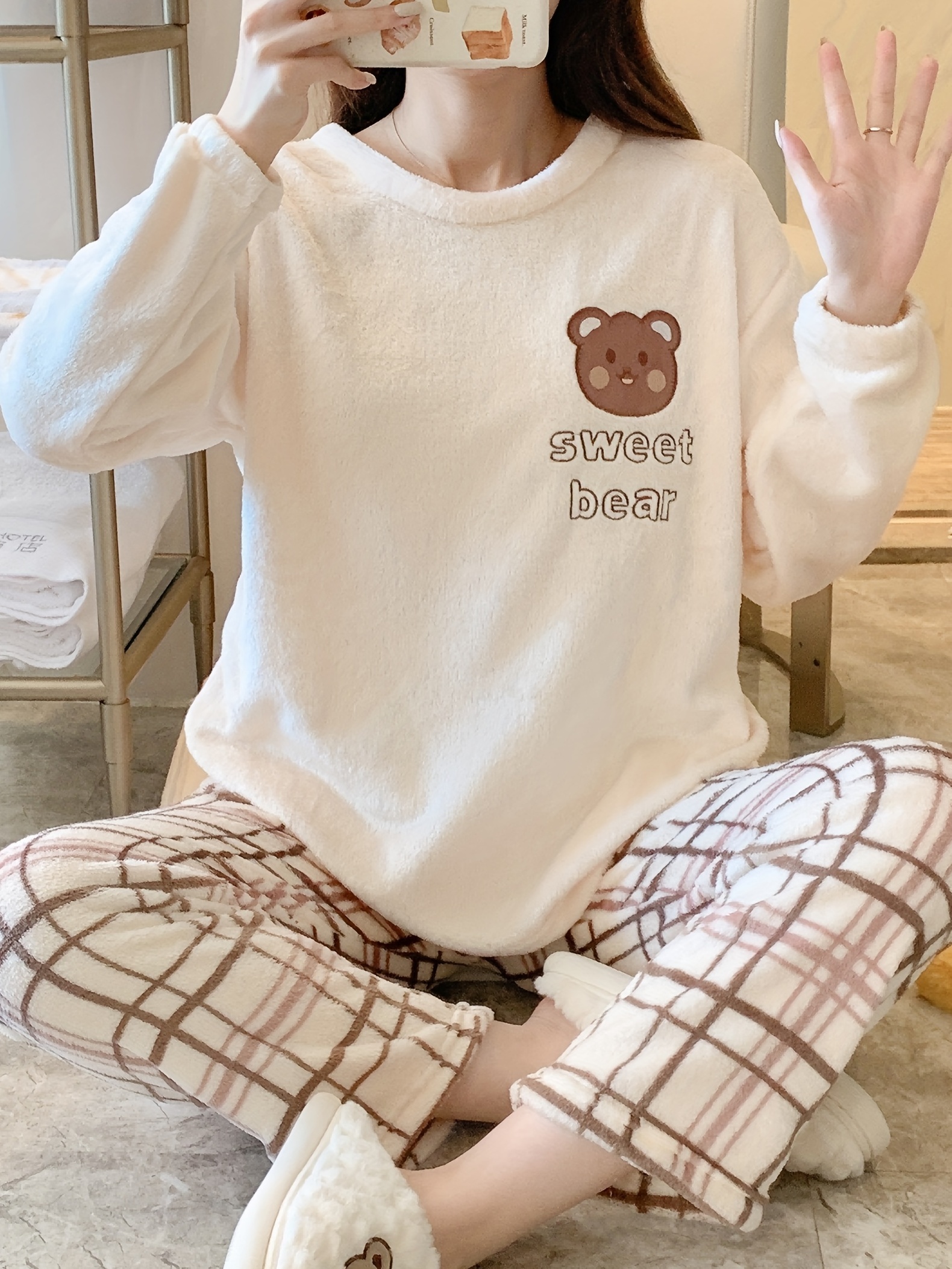 Cute & Warm Teddy Bear Pattern Loungewear Pajamas, Long Sleeve Pullover  Tops & Plaid Pants, Women's Sleepwear & Loungewear