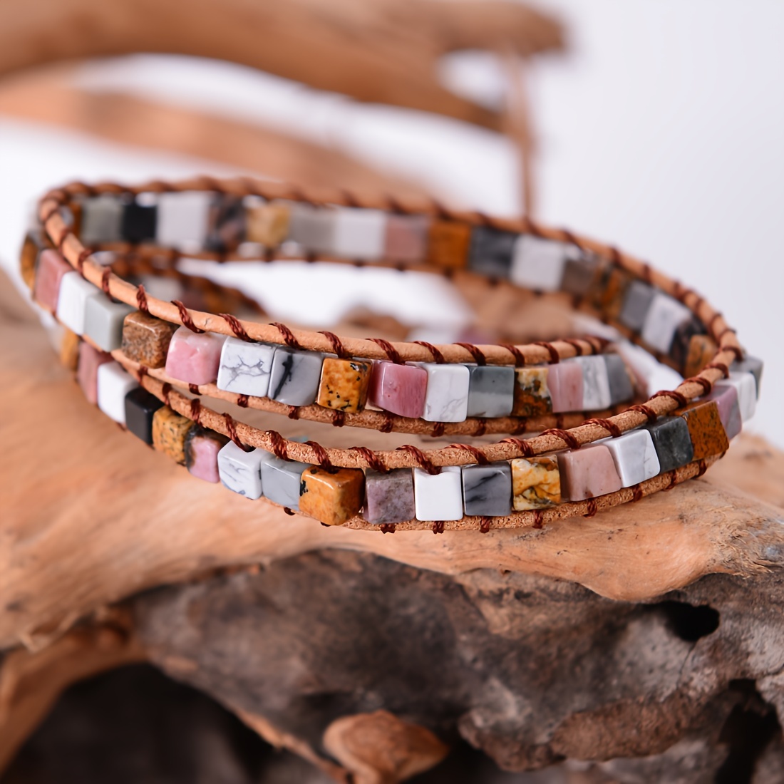 Square Shape Stone Beaded Bracelet Multilayer Braided Pu - Temu