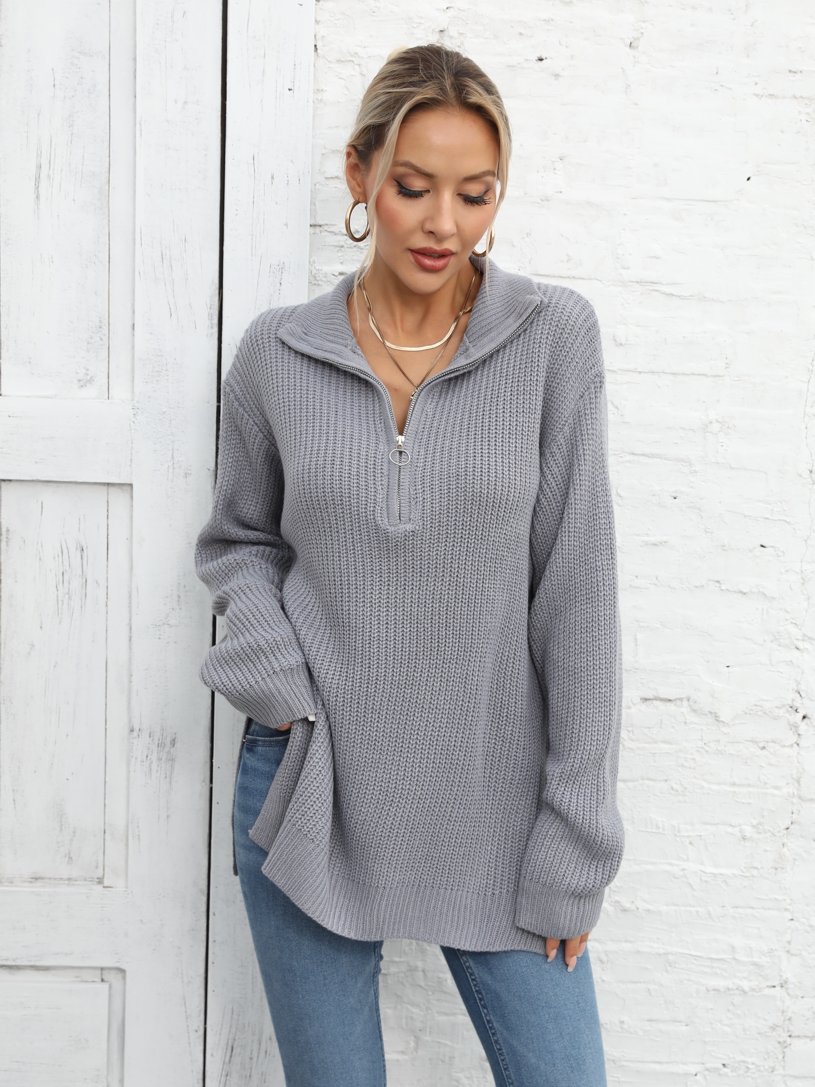 Long Sleeve Half Zip Sweater, Side Slit Casual Sweater For Winter