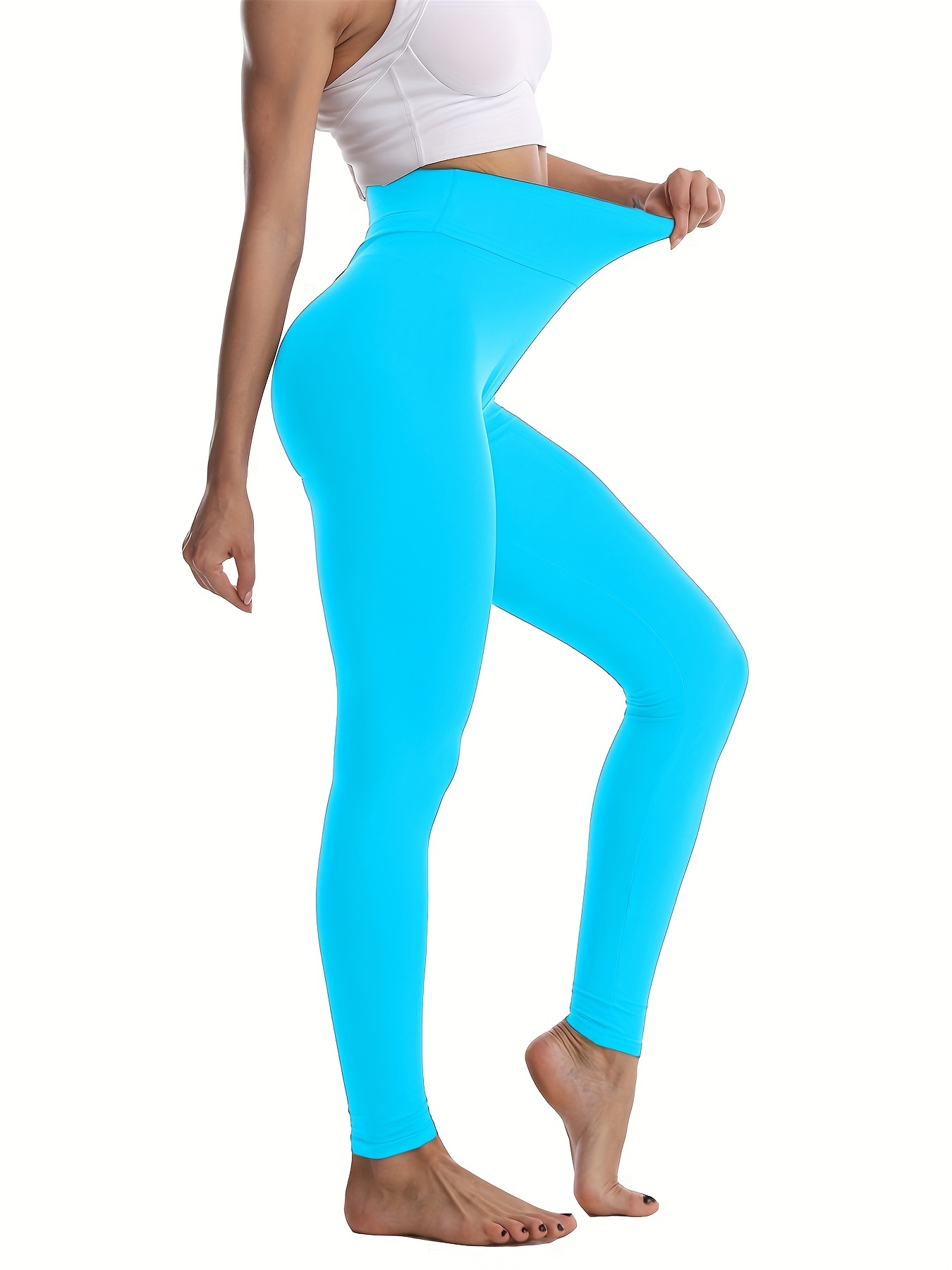 Ediodpoh Women's Solid Color Cropped Trousers Side Pockets High Waist Leggings  Yoga Pants Leggings For Women Blue M 